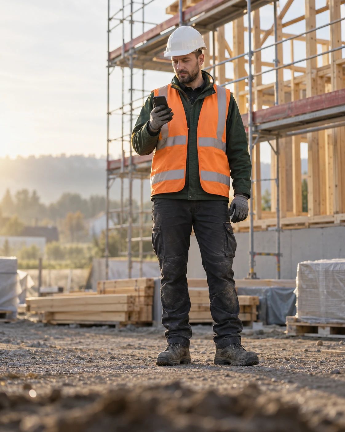 Ein Monteur mit weißem Helm und orangefarbener Warnweste steht vor einem Holzständerbau mit Gerüst und schaut auf sein Smartphone.